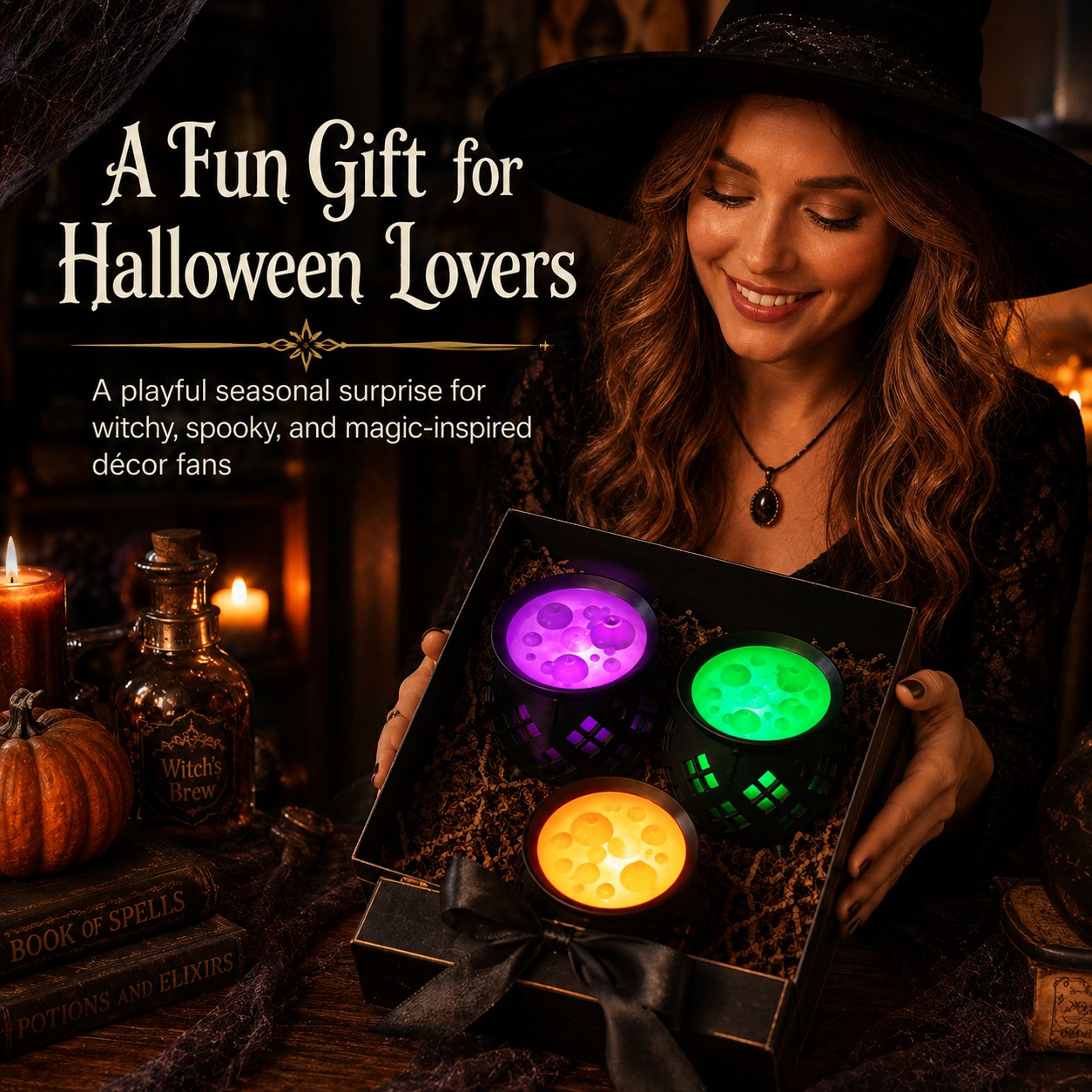 ⏳ Last Day 49% OFF – 🧙‍♀️ Glowing Witch’s Brew Cauldron Halloween Decor | Translucent Bubbling Potion Top with Flameless LED Tea Light Glow Effect ✨