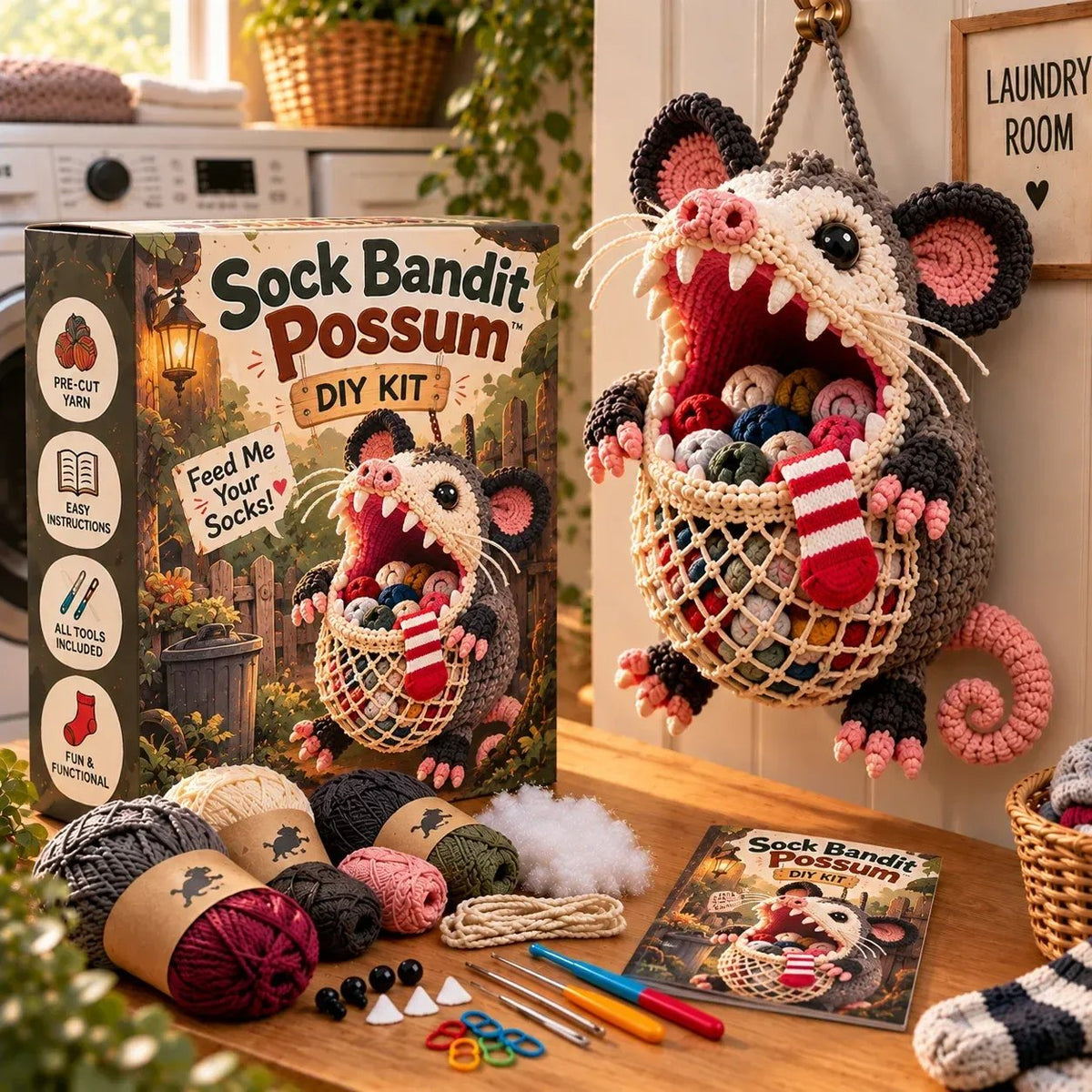 🧦😂 Sock Gobblers™ – DIY Crochet Animal Sock Holder Kit | Funny Hanging Laundry Organizer & Creative Handmade Gift 🦈🐊