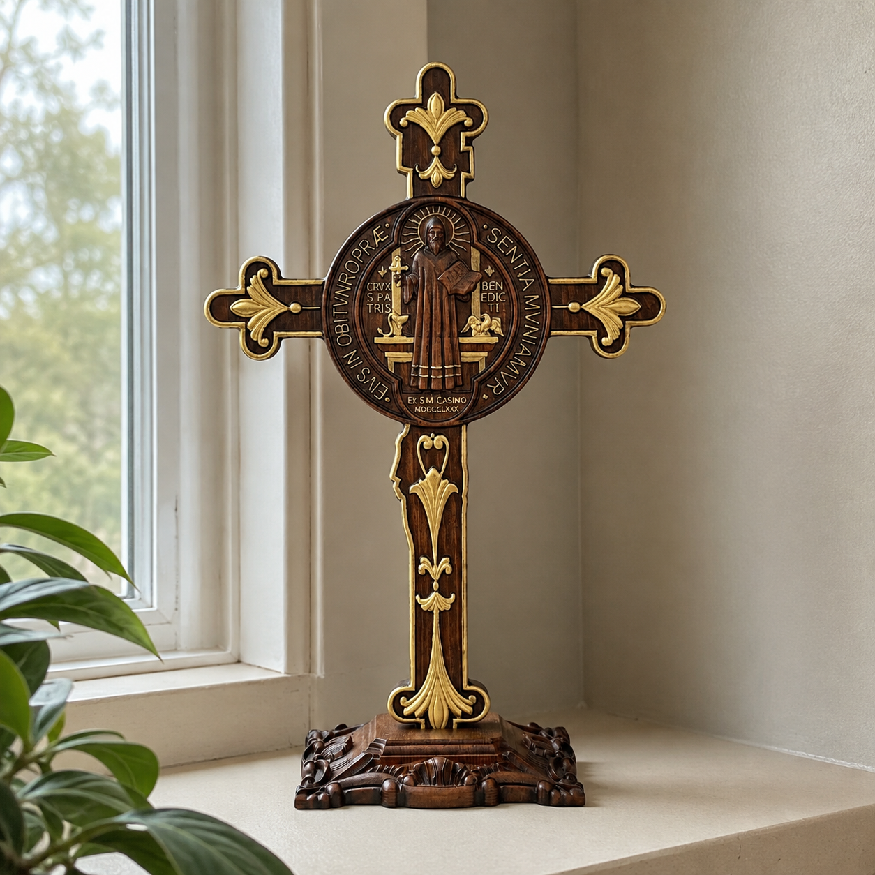 Hand-Carved Beechwood Saint Benedict Crucifix – Double-Sided Christian Standing Cross