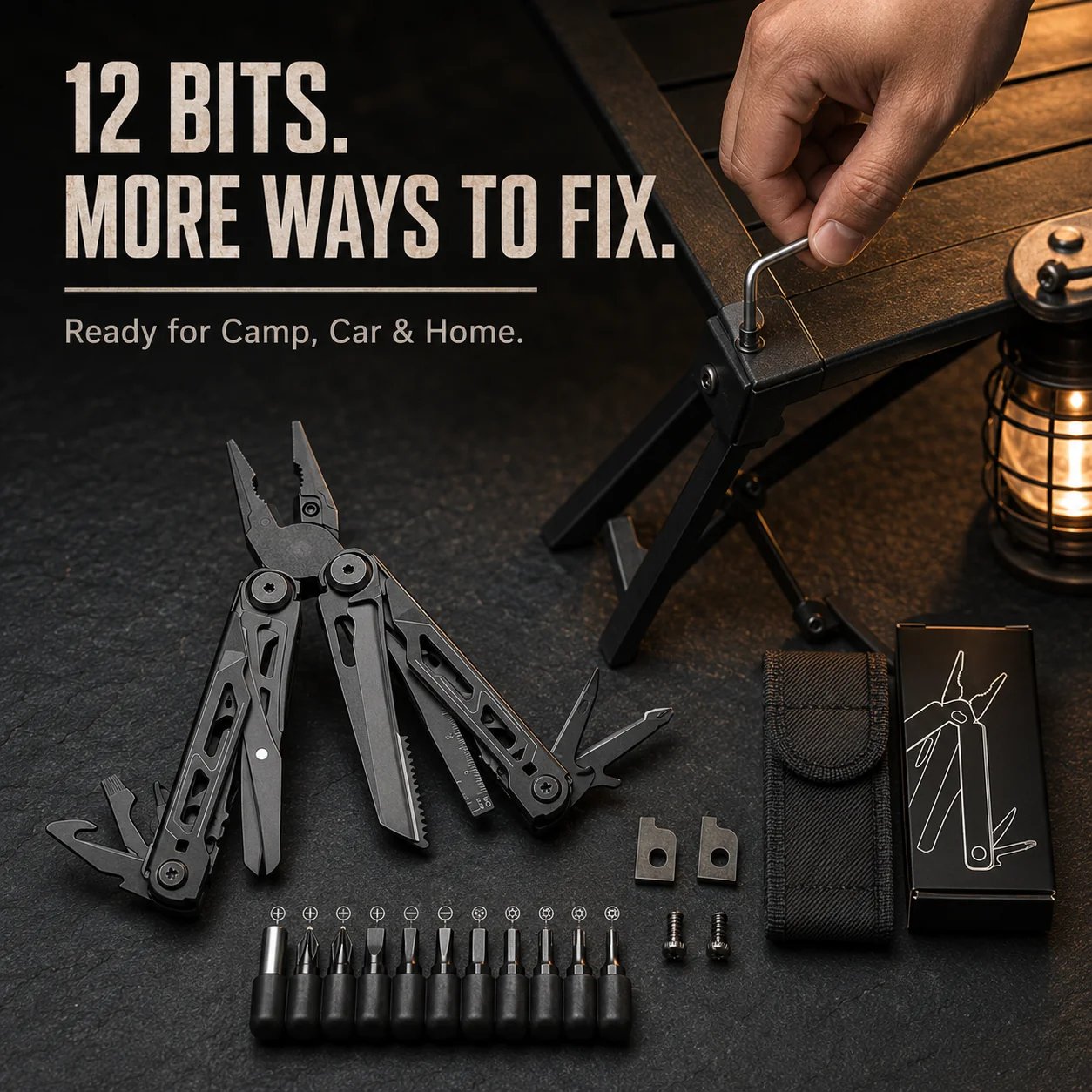 📍🎉 🏕️ 16-in-1 Camping Multi-Tool with Full-Size Scissors & Carrying Pouch