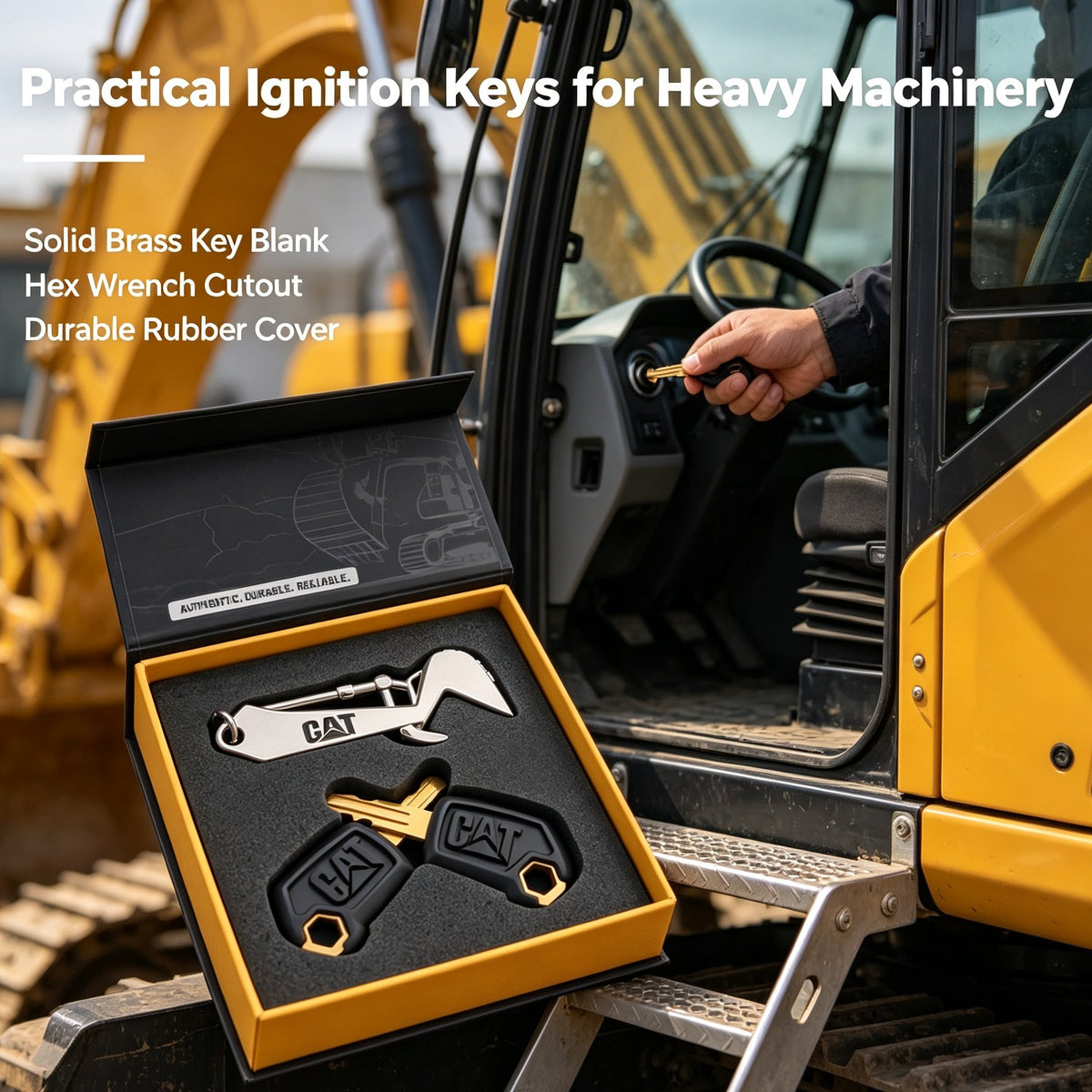 Heavy Equipment Operator Gift Box, 2Pcs Engineering Vehicle Ignition Keys + Excavator Arm Metal Bottle Opener Keychain
