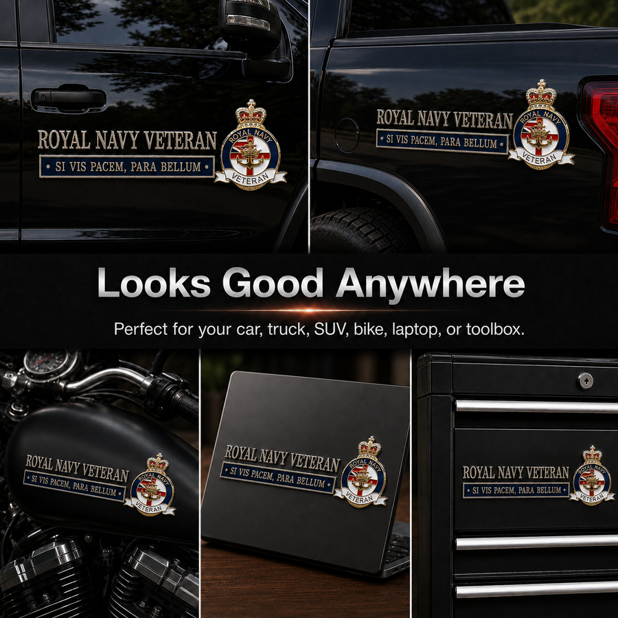 Royal Navy Veteran emblem on laptop and toolbox