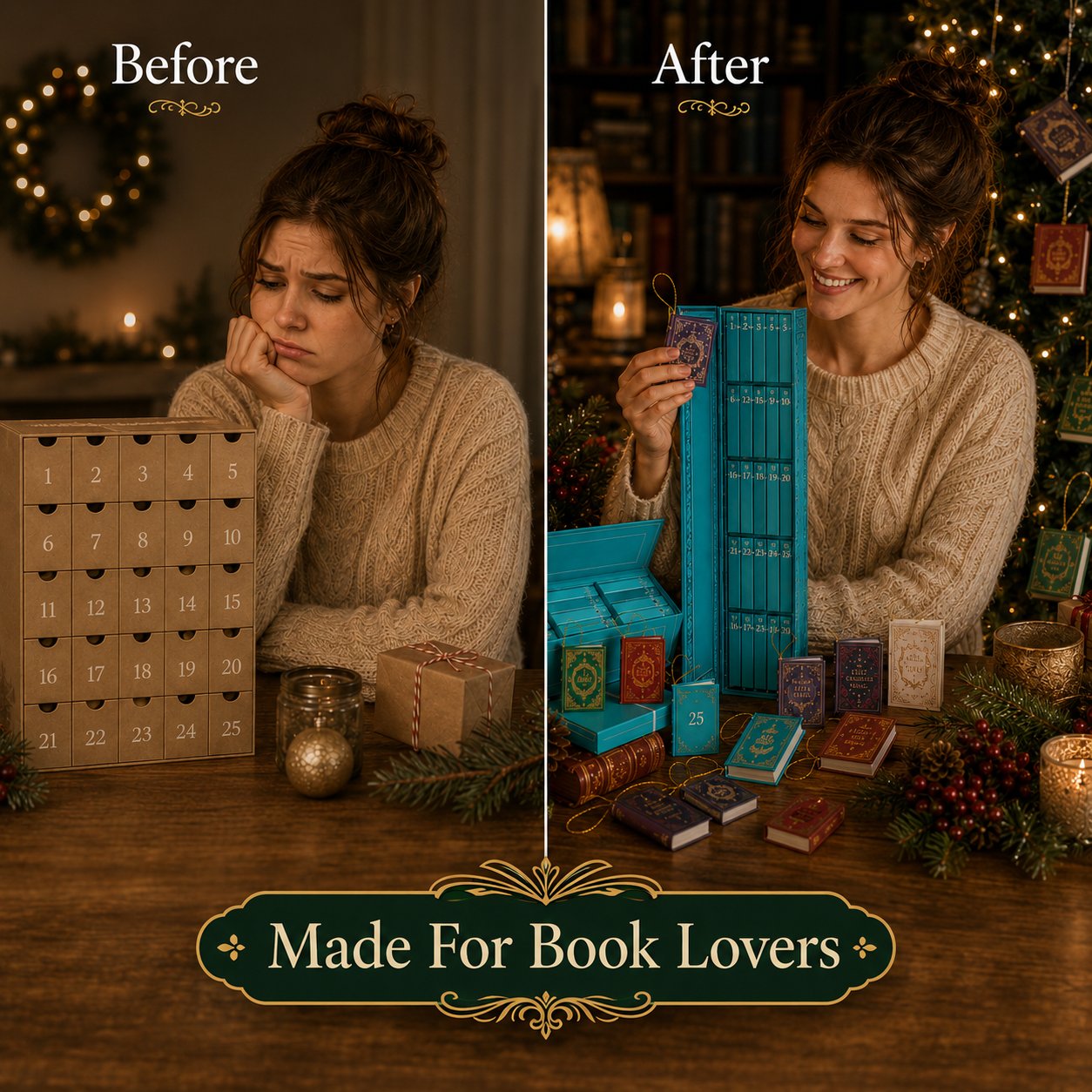 Tiny Bookery Advent Calendar, 25‑Day Mini Book Ornaments | Christmas Countdown Gift for Book Lovers