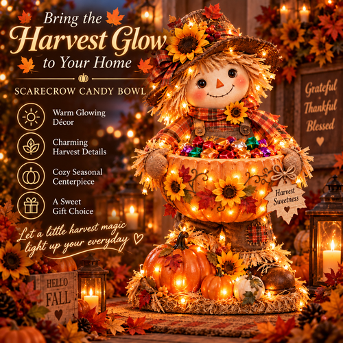 🍂 Lighted Scarecrow Candy Bowl | Harvest Table Decor