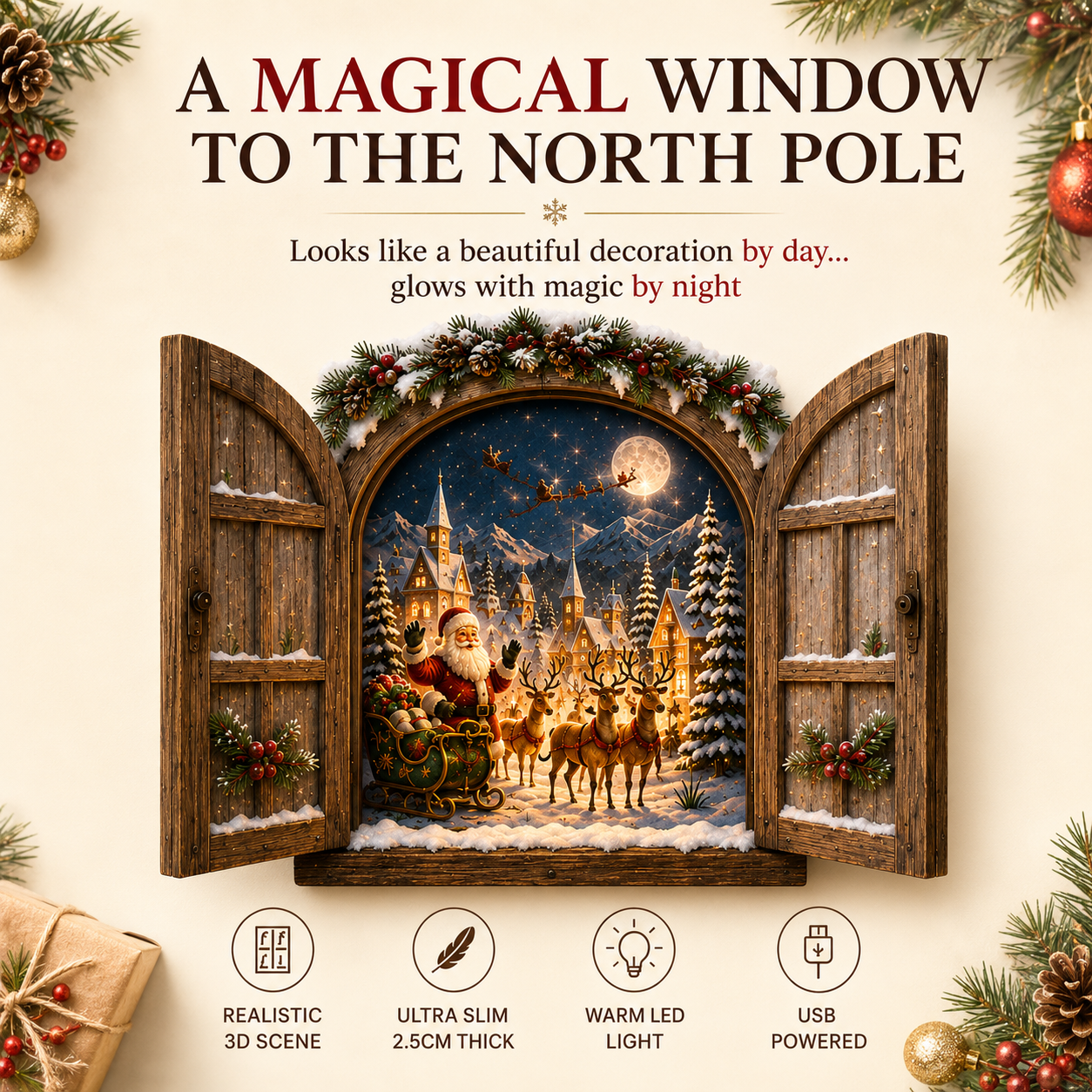 Santa’s Secret Window Light – 3D Lighted Christmas Wall Decor