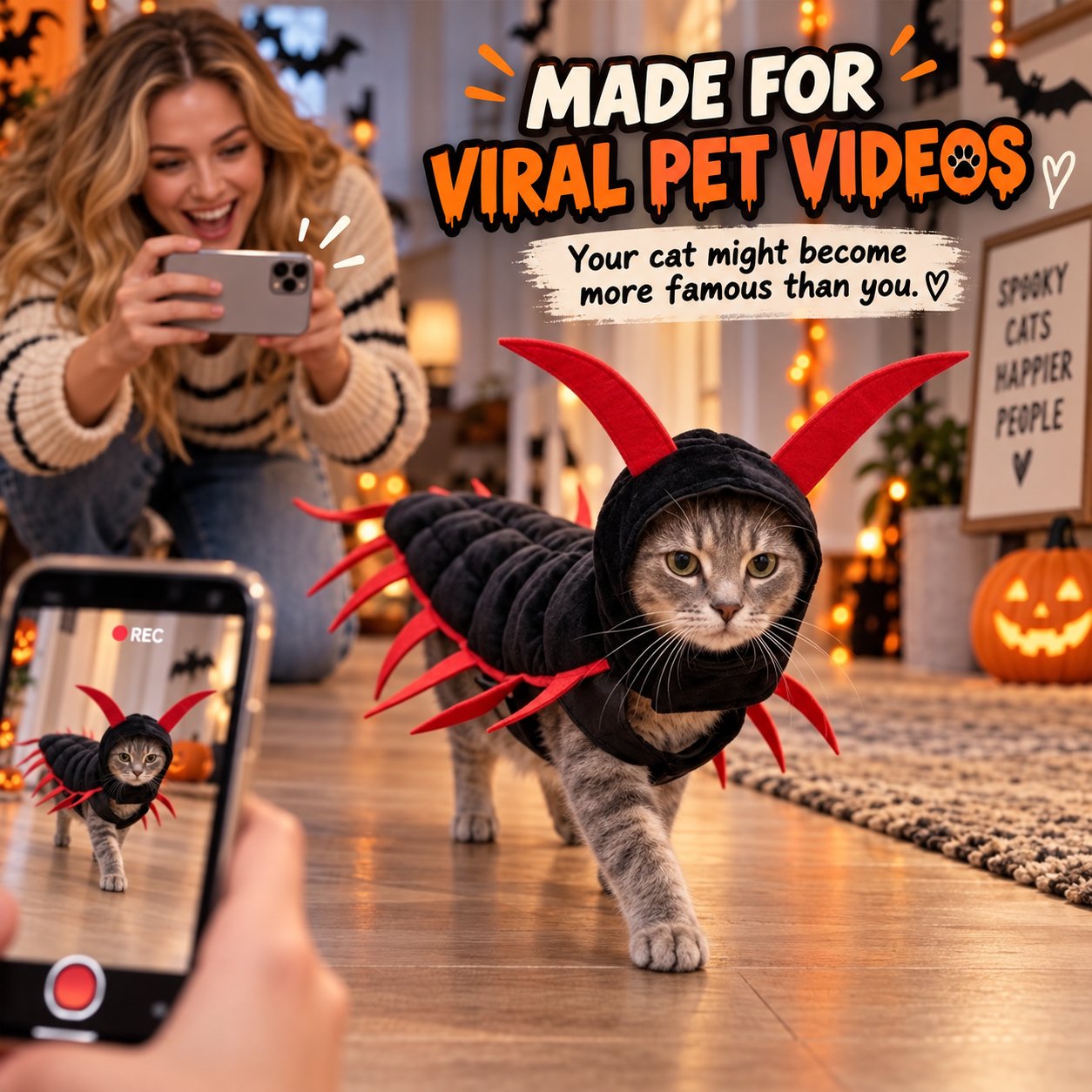 😺Halloween Cat Centipede Costume – Funny 3D Padded Creepy Crawler Outfit for Cats