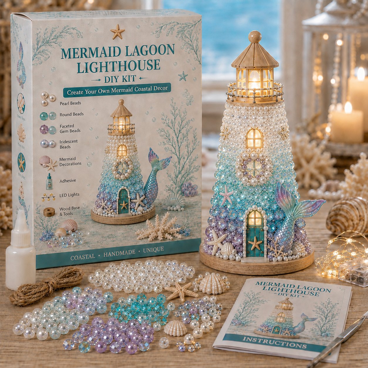 ⏳ Last Day 49% OFF – 🌊 Beginner-Friendly DIY Lighted Sea Glass-Style Lighthouse Kit Collection | Complete Kit with Sea Glass-Style Pieces, LED Lights & Step-by-Step Guide Included 💕