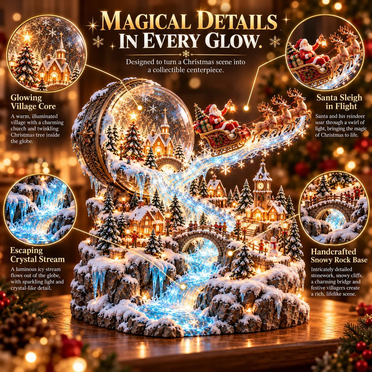 Detailed Enchanted Snow Globe Christmas village with glowing buildings, Santa's sleigh and snowy rock base