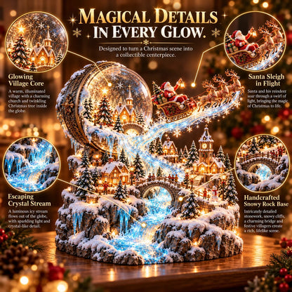Detailed Enchanted Snow Globe Christmas village with glowing buildings, Santa's sleigh and snowy rock base