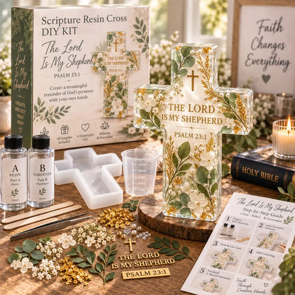 ✝️ Beginner-Friendly Be Still Scripture Resin Cross DIY Kit | Complete Kit with Cross Mold, Two-Part Resin, Florals, Gold Accents, Tools & Step-by-Step Guide Included 💕