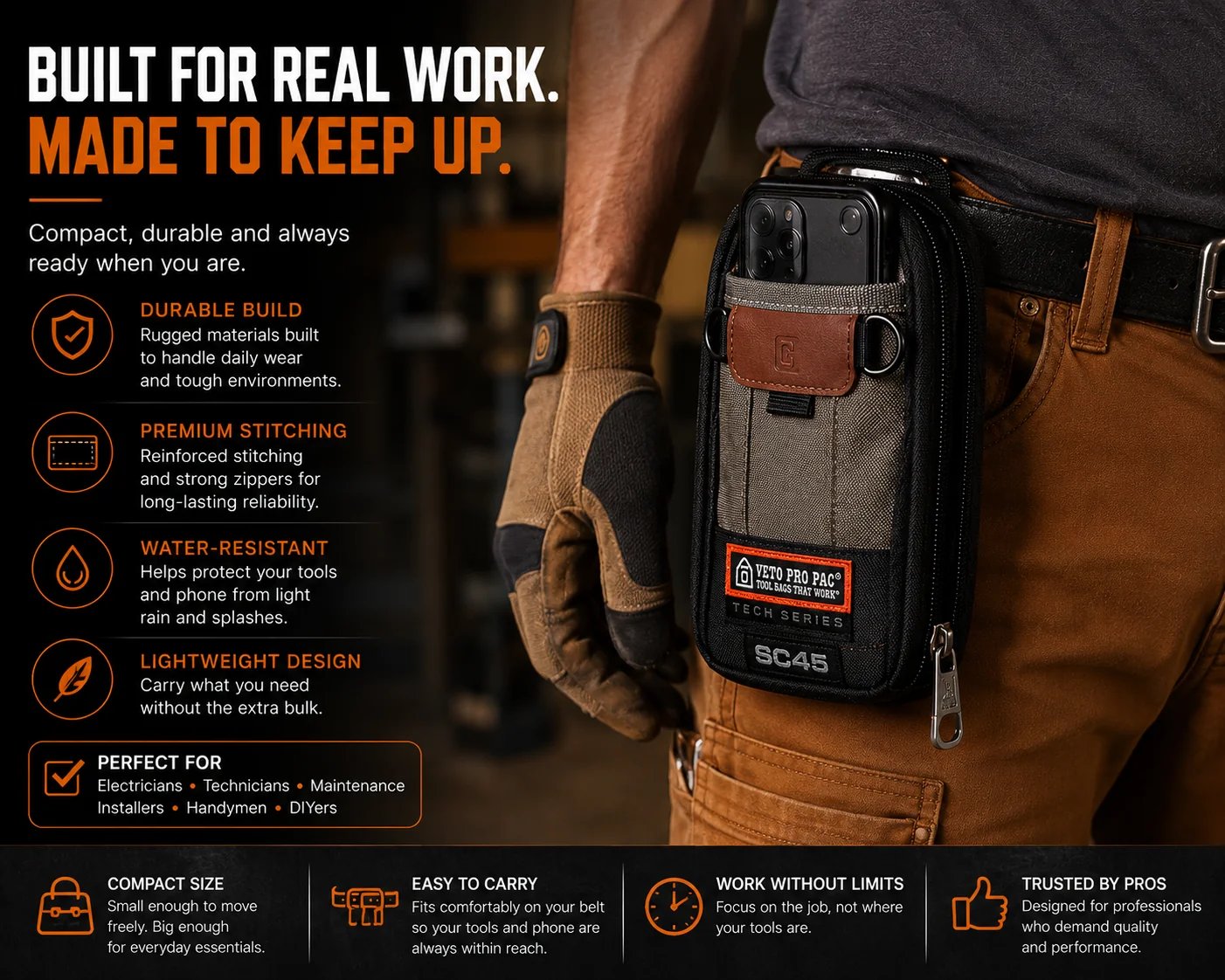 🔧 Compact Technician Tool Pouch with Phone Pocket & Dual-Layer Storage