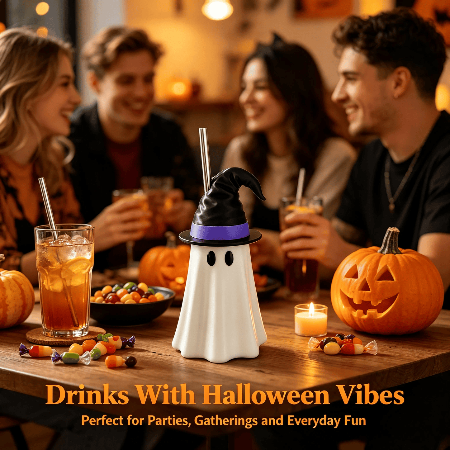 👻 Halloween Ghost Witch Hat Cup – Spooky Drink Bottle Holder with Straw 🎃