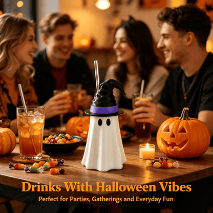 👻 Halloween Ghost Witch Hat Cup – Spooky Drink Bottle Holder with Straw 🎃