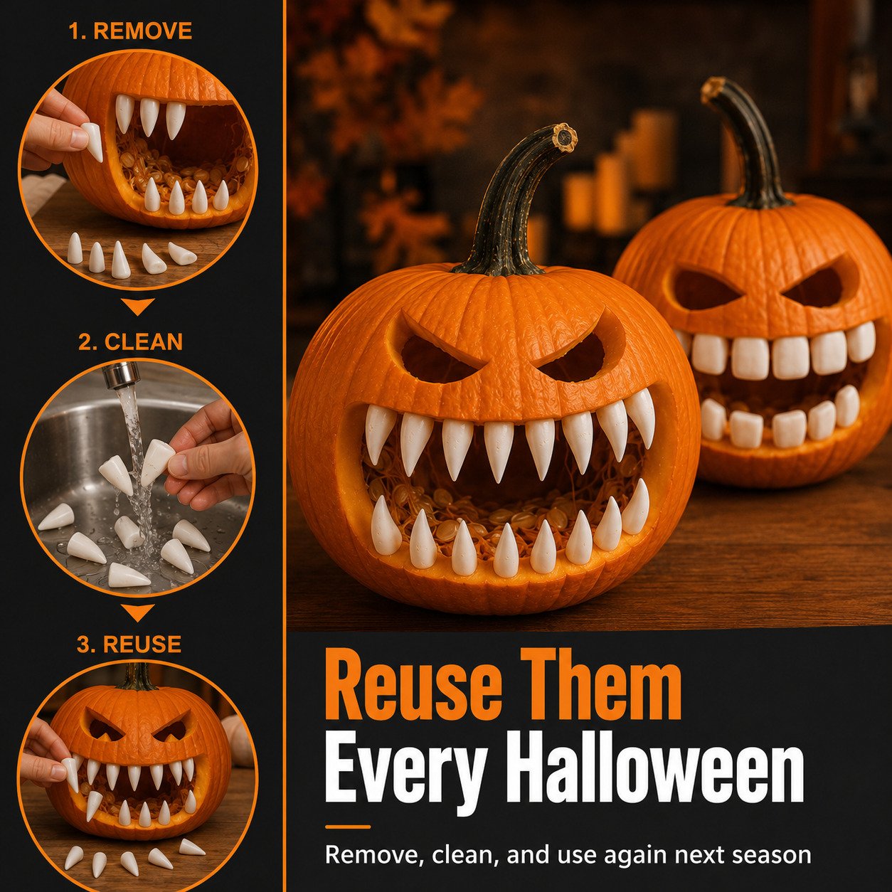 🔥 LAST DAY 49% OFF – 🎃 Monster Grin Pumpkin Decorating Kit | Create Bold 3D Jack-O’-Lantern Faces with Press-In Teeth & Reusable Designs 🦷✨