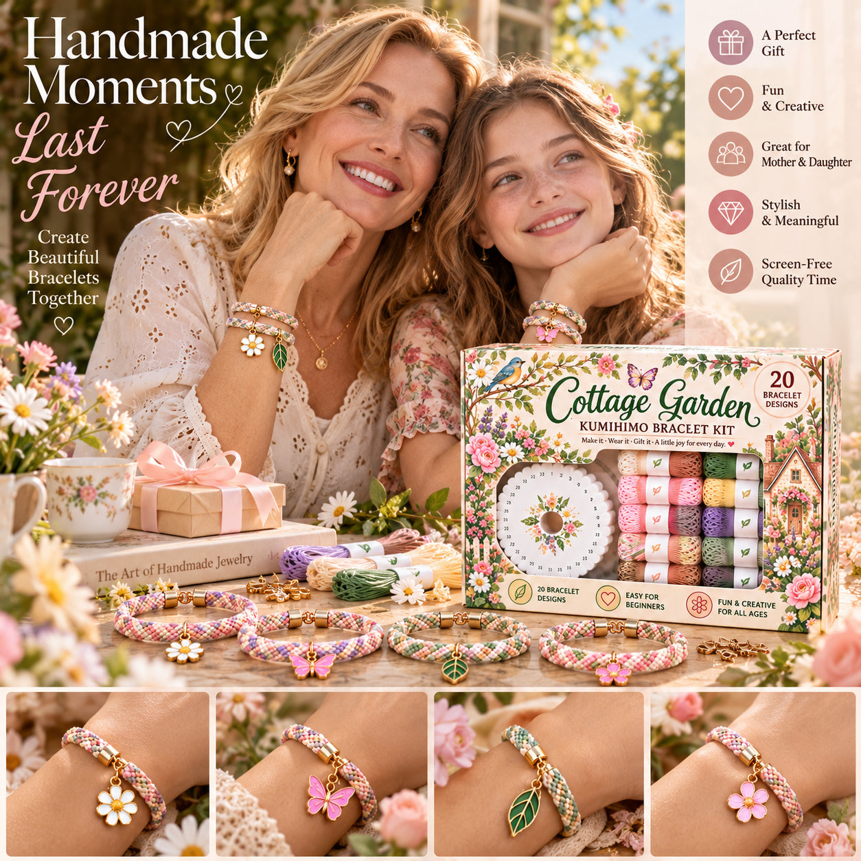 Mother and daughter wearing colorful handmade Cottage Garden bracelets