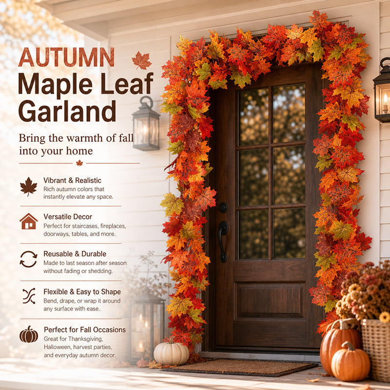 🍁 Autumn Maple Leaf Garland – 175cm Artificial Leaves Decoration for Mantelpiece, Staircase, Door Frame & Table