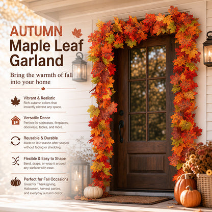 🍁 Autumn Maple Leaf Garland – 175cm Artificial Leaves Decoration for Mantelpiece, Staircase, Door Frame & Table