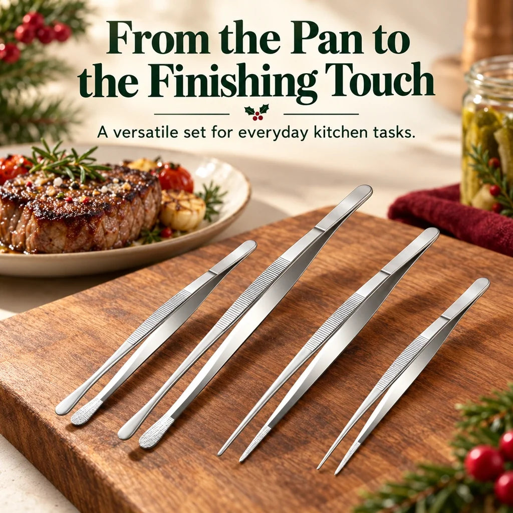 🍳4-Piece Stainless Steel Kitchen Tweezer Set – 10″ & 12″ Cooking and Plating Tongs