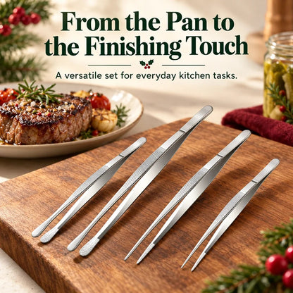 🍳4-Piece Stainless Steel Kitchen Tweezer Set – 10″ & 12″ Cooking and Plating Tongs