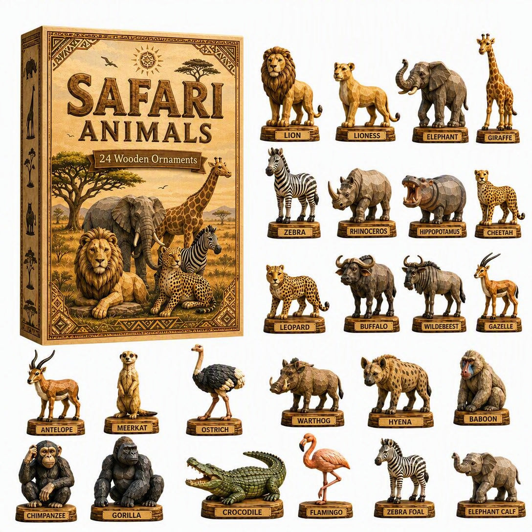 Safari Animals Advent Calendar 2026 – 24 Wooden Animal Charms
