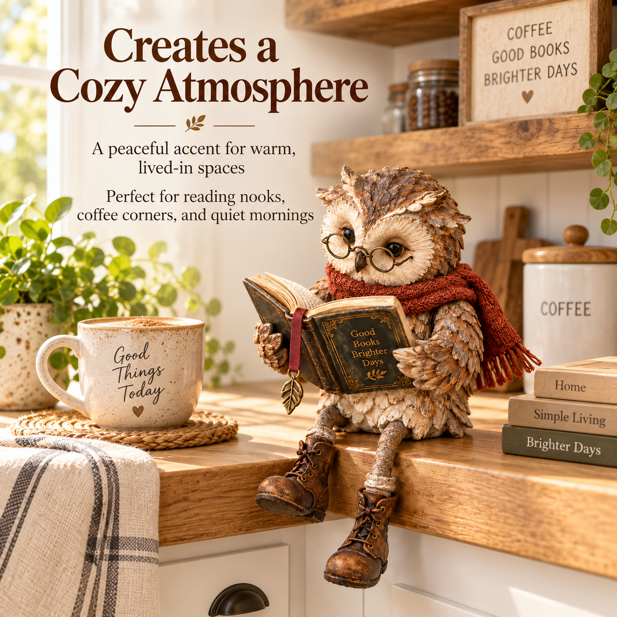 Owl figurine bookshelf and reading nook decor