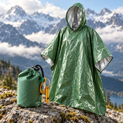 Emergency Rain Poncho Set with Storage Pouch, Aluminum Whistle & Carabiner