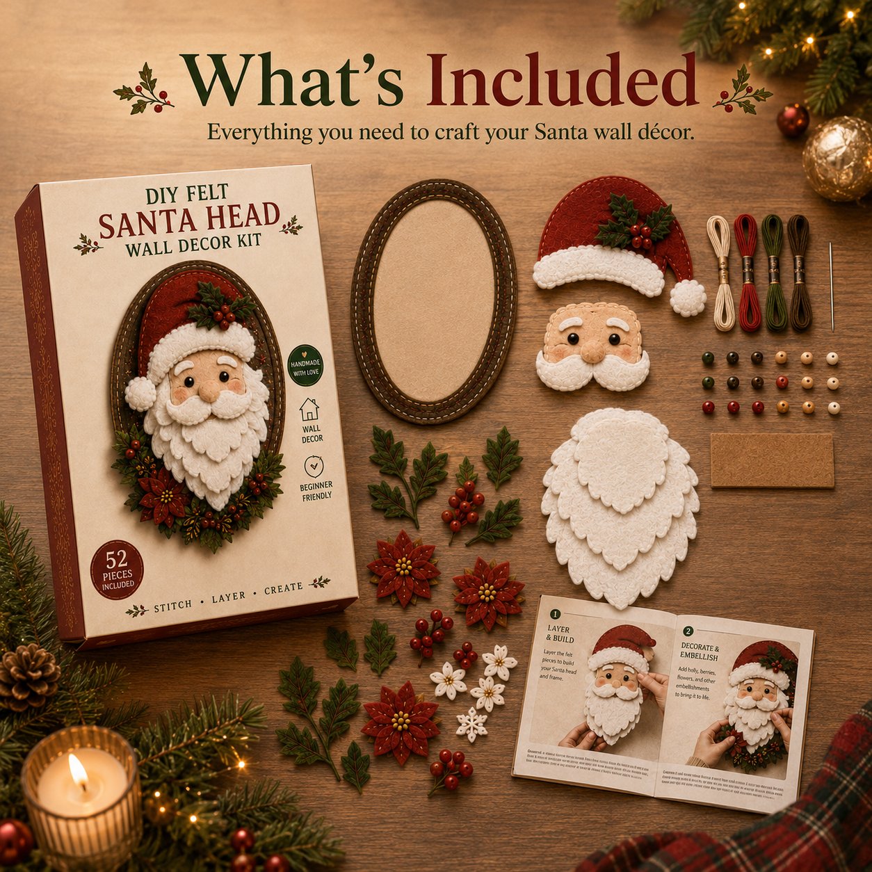 ⏳ Last Day 49% OFF – 🎅 Beginner-Friendly 52-Piece DIY Layered Felt Santa Wall Decor Kit | Complete Kit with All Tools & Step-by-Step Guide Included 💕