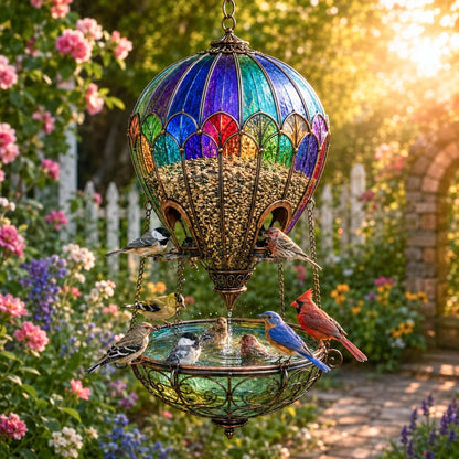 Hot Air Balloon Bird Feeder with Water Tray – Stained-Glass Look Garden Decor