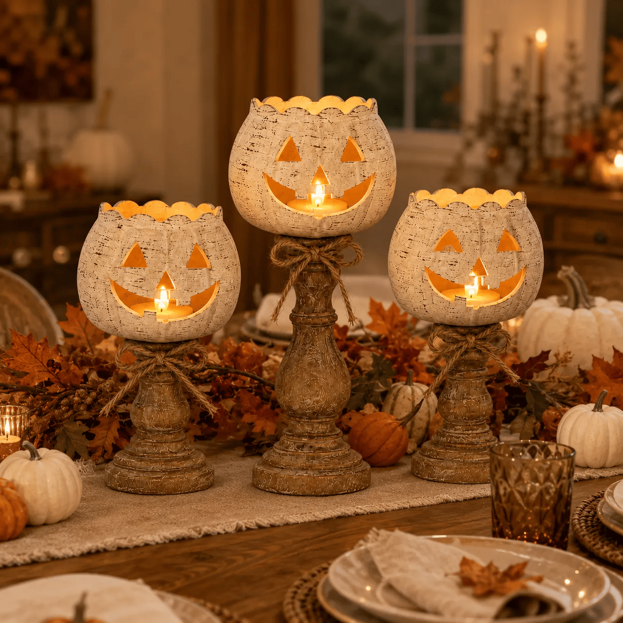🕯   Set of 3 Rustic White Pumpkin Tealight Candle Holders  | Layered Farmhouse Fall Decor For Halloween & Thanksgiving