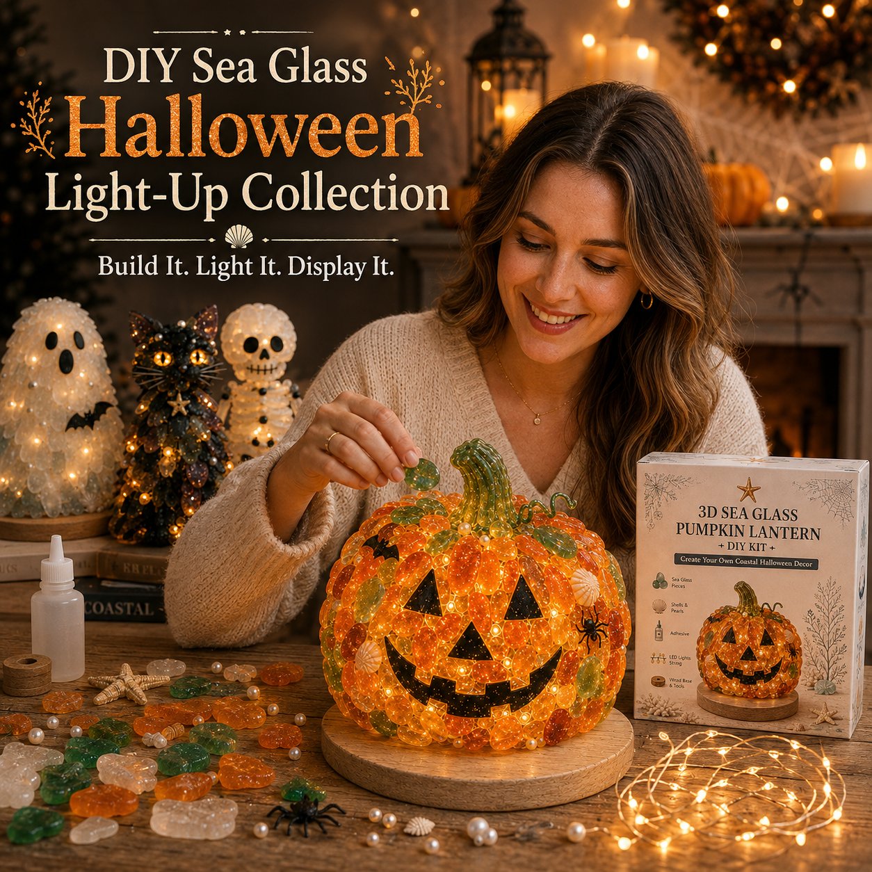 ⏳ Last Day 49% OFF – 🎃 Beginner-Friendly DIY Lighted Sea Glass Halloween Character Kit Collection | Complete Kit with Sea Glass Pieces, LED Lights & Step-by-Step Guide Included 💕