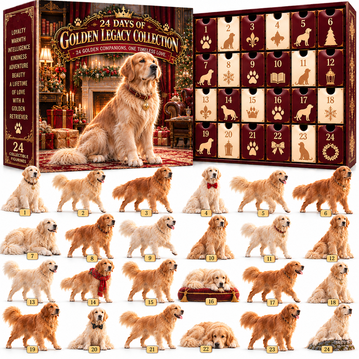 Style B burgundy Golden Legacy Golden Retriever 24 day Advent Calendar