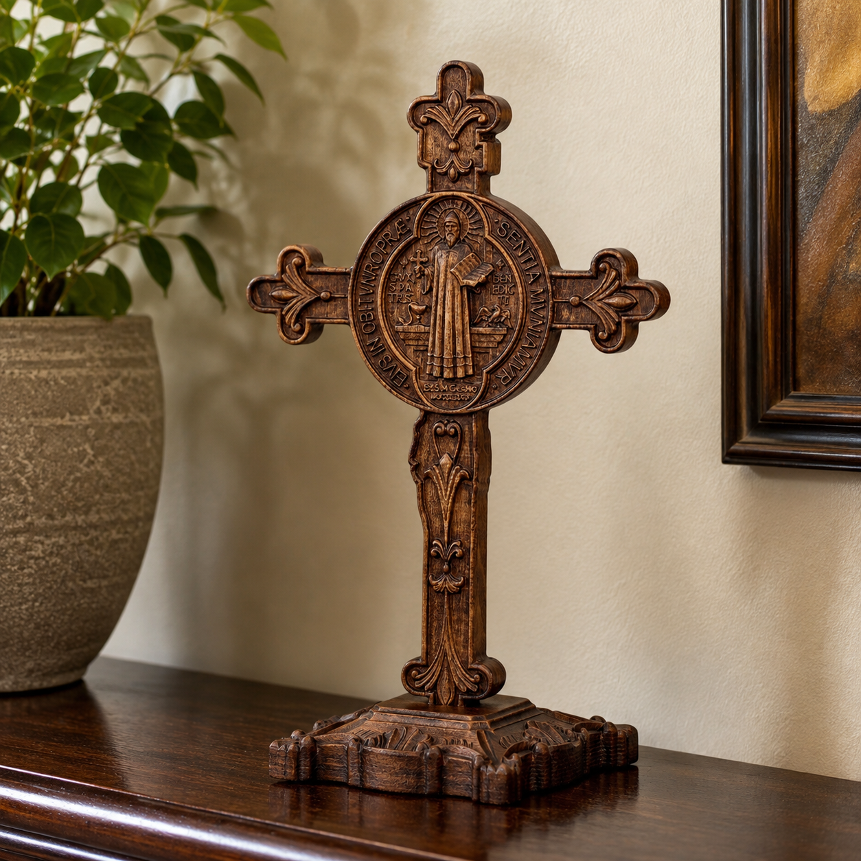 Hand-Carved Beechwood Saint Benedict Crucifix – Double-Sided Christian Standing Cross