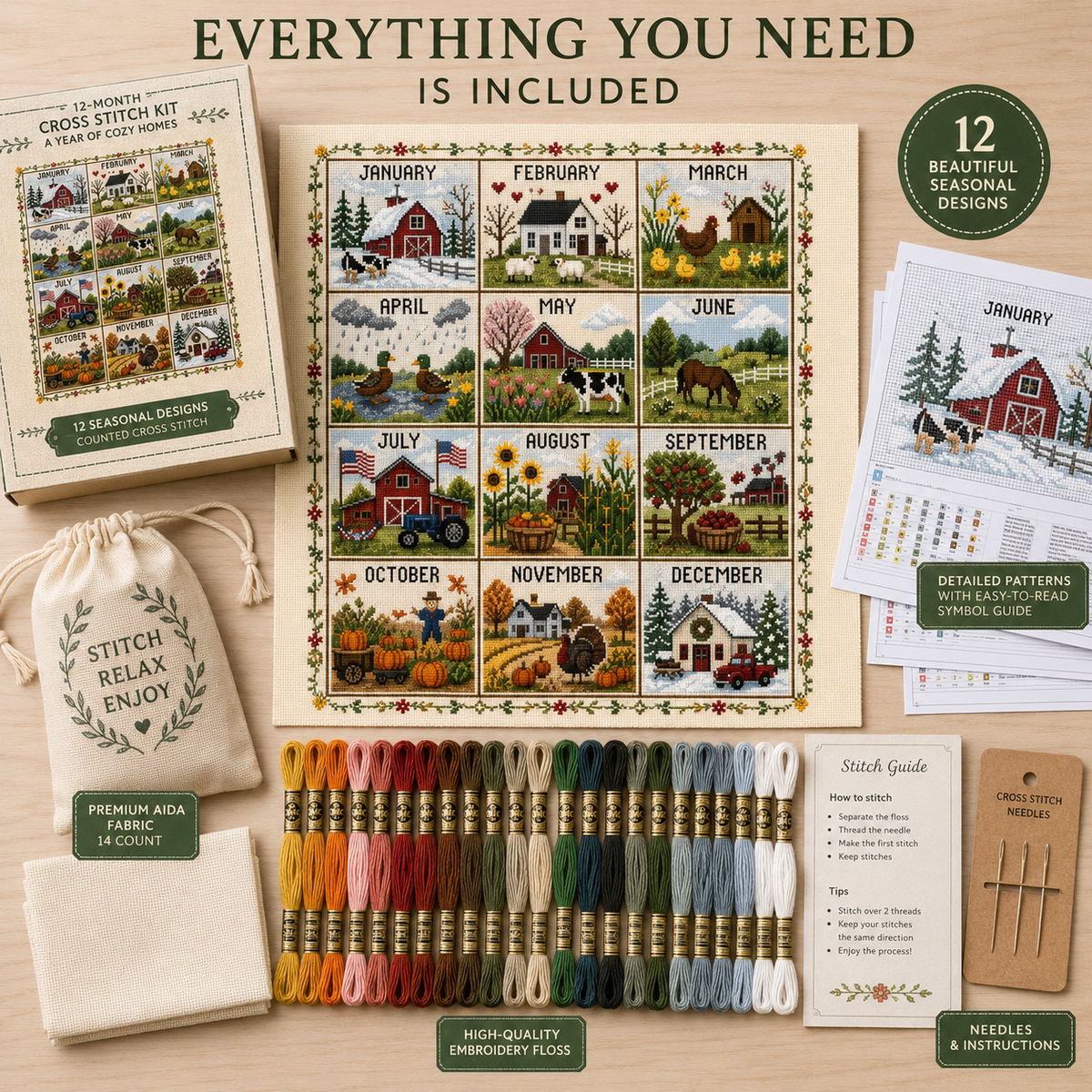 Everything included in the 12-Month Seasonal Cross Stitch Kit