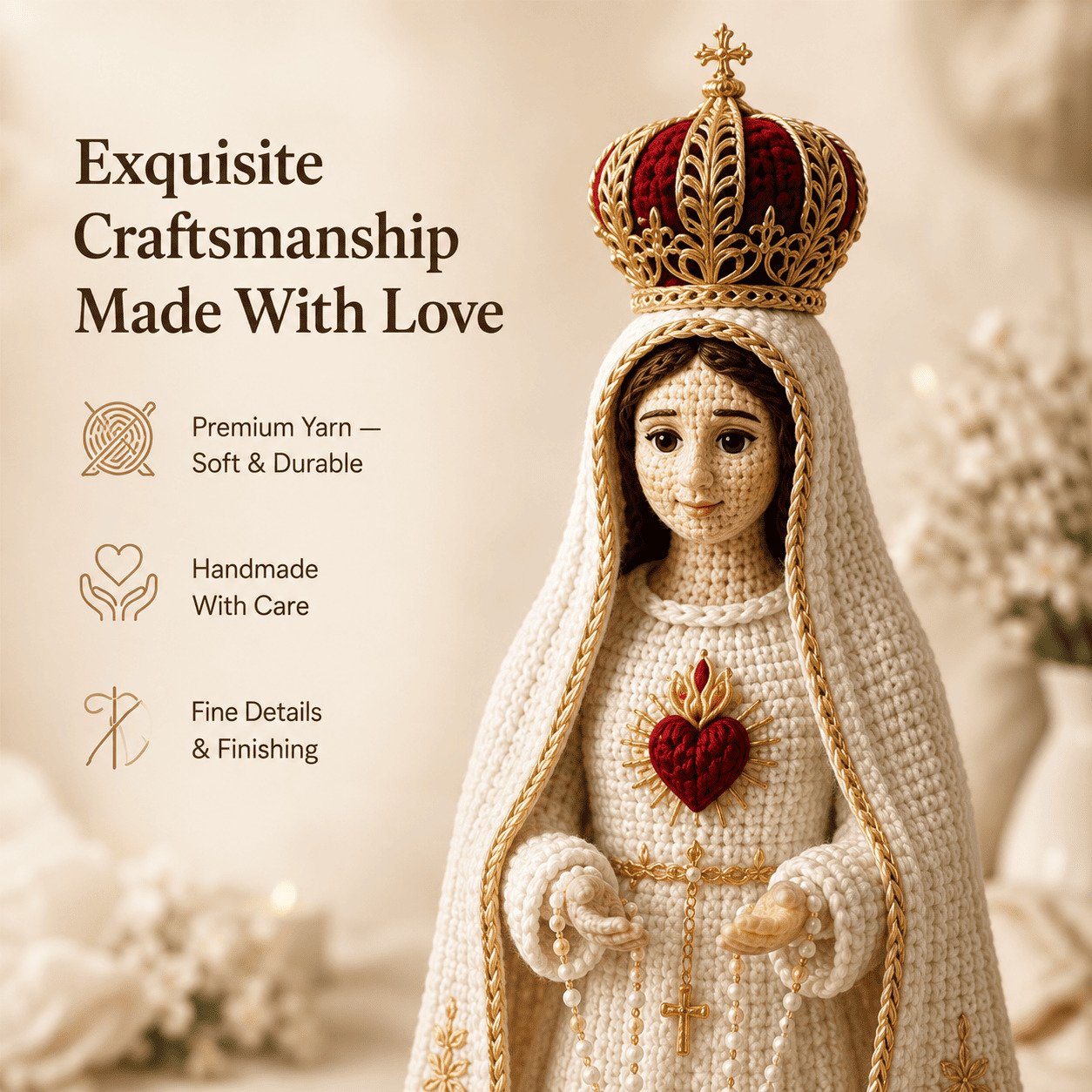 ⏳ Last Day 49% OFF – 🙏 Hand-Crocheted Praying Virgin Mary Hanging Ornament | 35 × 20 cm Handmade Yarn & Fabric Design with Crown, Beads, Crosses & Heart Details 🤍✨
