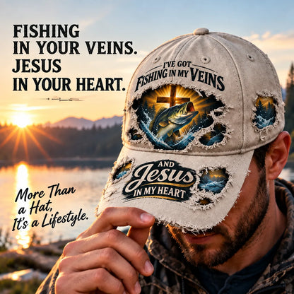 🎣✝️ Fishing & Faith Cap | “Fishing in My Veins, Jesus in My Heart” Christian Fisherman Hat for Lake, Boat & Outdoor Adventures 🙏🌊