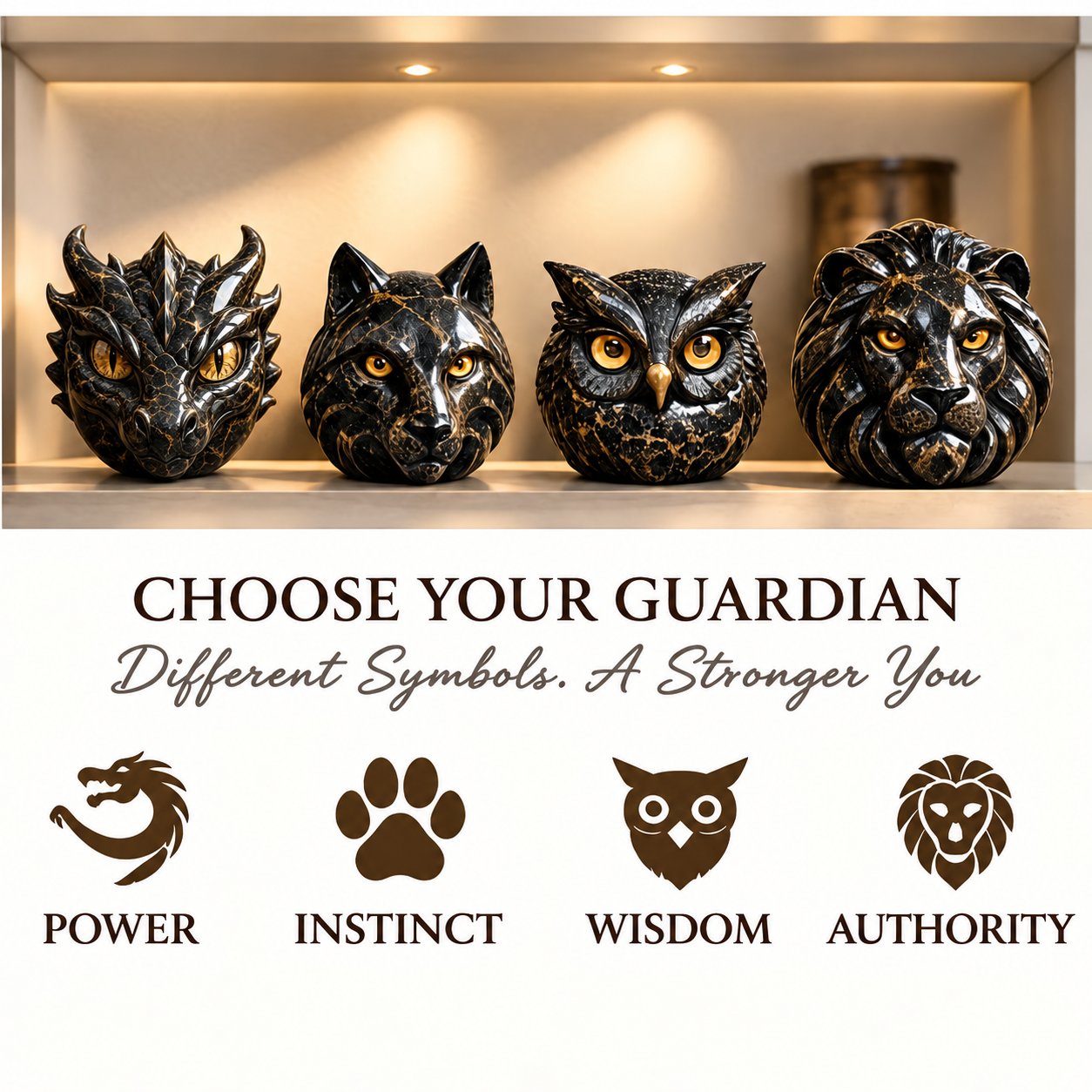 Dragon, wolf, owl and lion guardian sculptures with the symbolic themes power, instinct, wisdom and authority.
