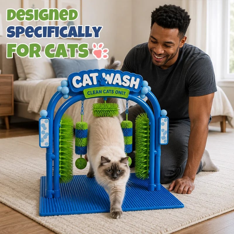 Cat using grooming station at home