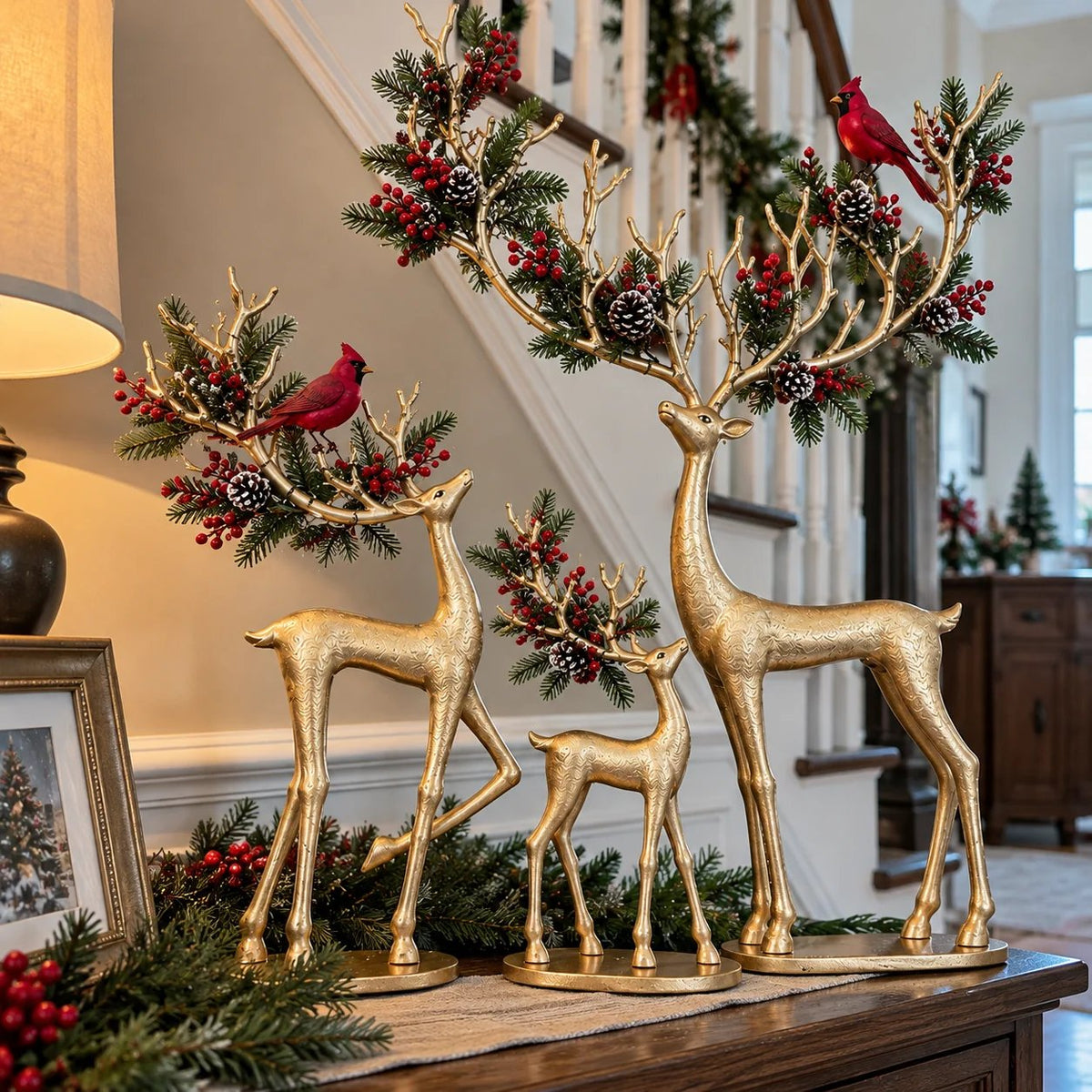✨ Cardinal Woodland Reindeer™ – Lighted Golden Christmas Deer Decorations