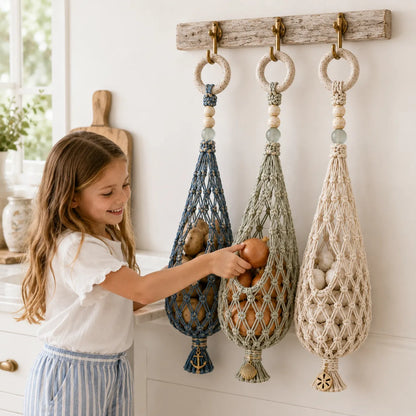🌊 🥔 Coastal Hanging Produce Storage – Handwoven Breathable Organizer with Easy Side Access