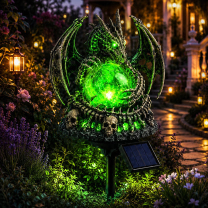 🐉 Solar Dragon Skull Crystal Orb Garden Light – Glowing Gothic Fantasy Halloween Outdoor Yard Decor with Solar Panel✨13*10*12cm（副本）
