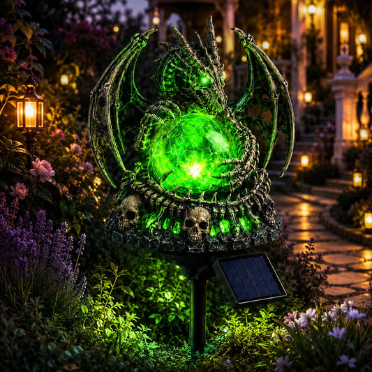 🐉 Solar Dragon Skull Crystal Orb Garden Light – Glowing Gothic Fantasy Halloween Outdoor Yard Decor with Solar Panel✨13*10*12cm