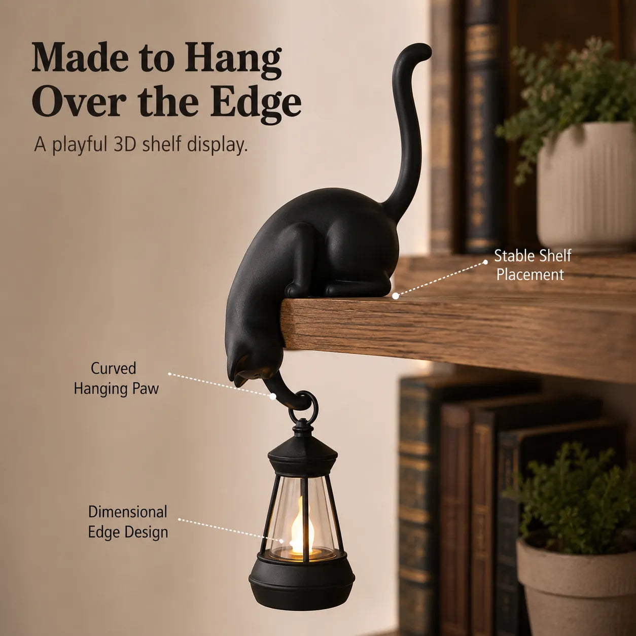 🐈‍⬛🏮 Peekaboo Black Cat Lantern Decor – Cozy LED Shelf Accent for Cat Lovers
