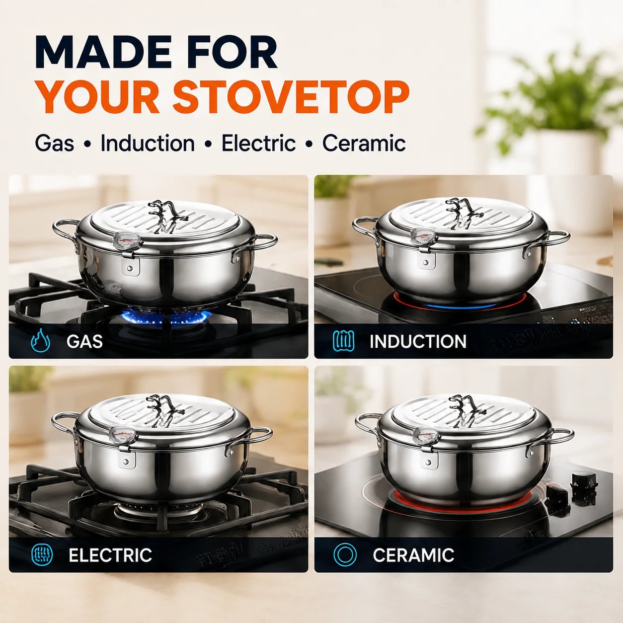 304 Stainless Steel Stovetop Deep Fryer Pot – With Thermometer