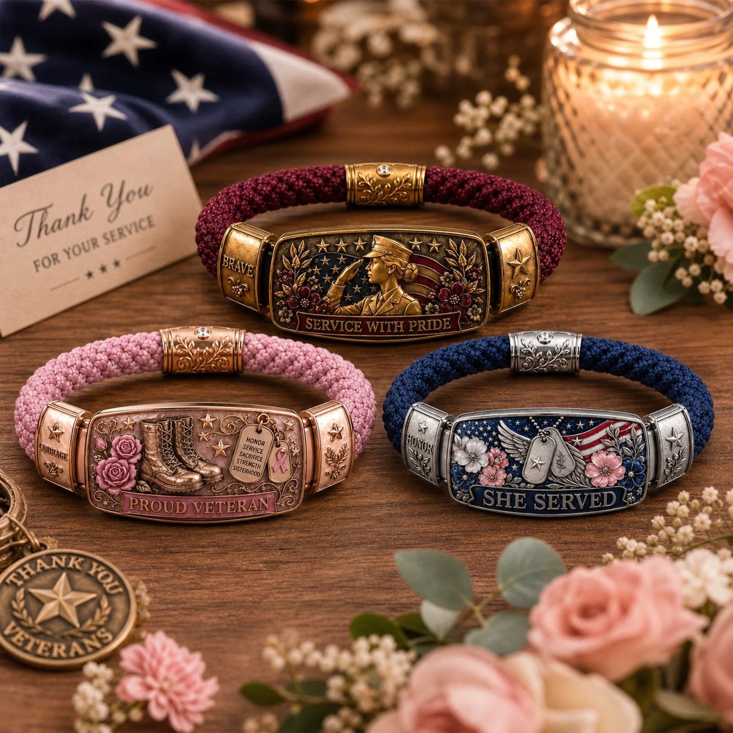 Empowered Service Women's Veteran Bracelet Collection | Patriotic Braided Cord Keepsake