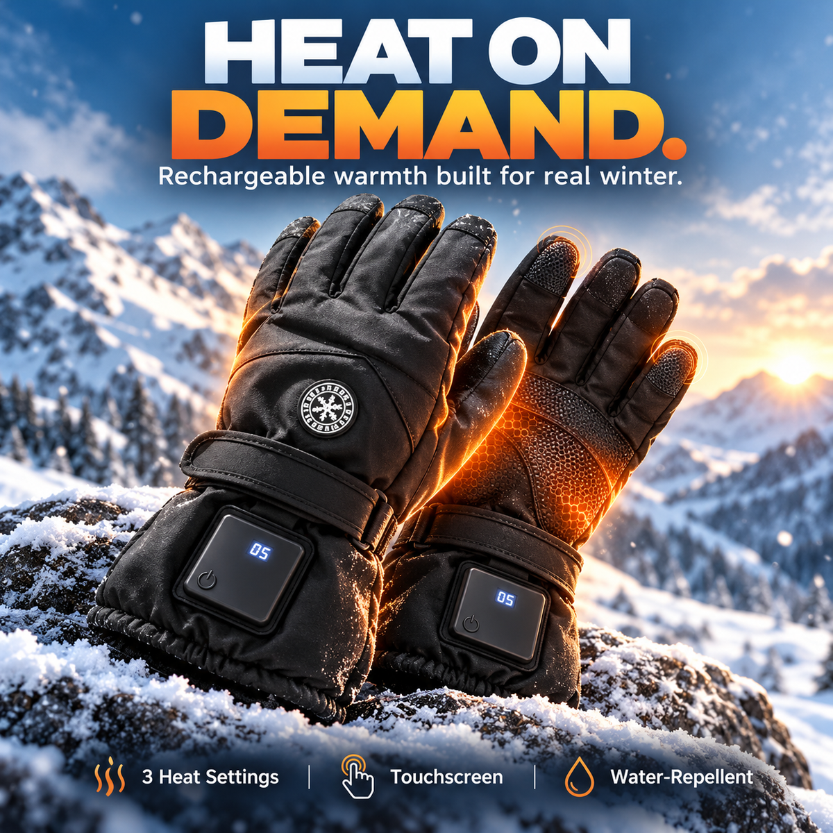 🔥 Rechargeable Heated Gloves – 3 Heat Settings, Waterproof Touchscreen Winter Gloves