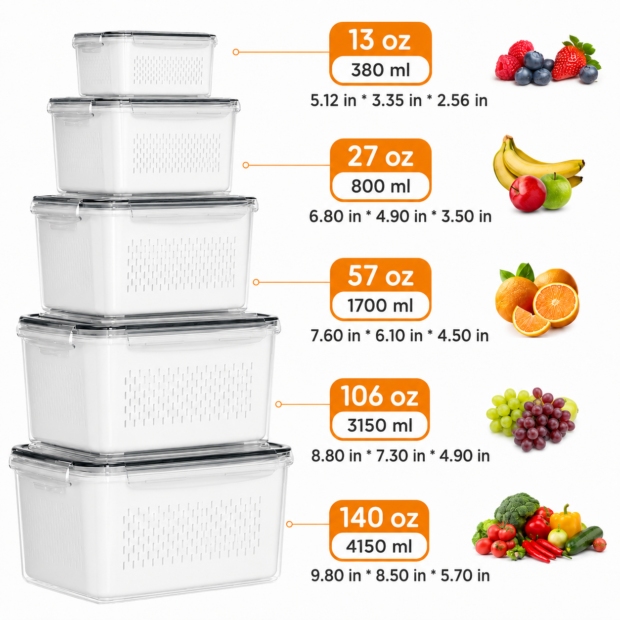 3/5 Pack Stackable Fridge Organizers with Removable Colander