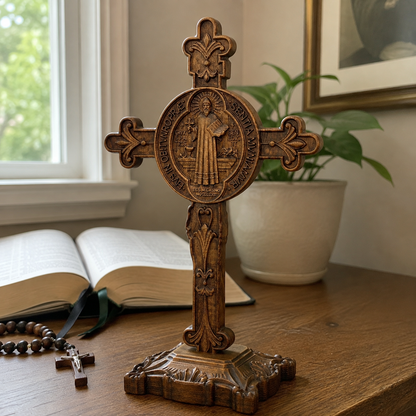 Hand-Carved Beechwood Saint Benedict Crucifix – Double-Sided Christian Standing Cross