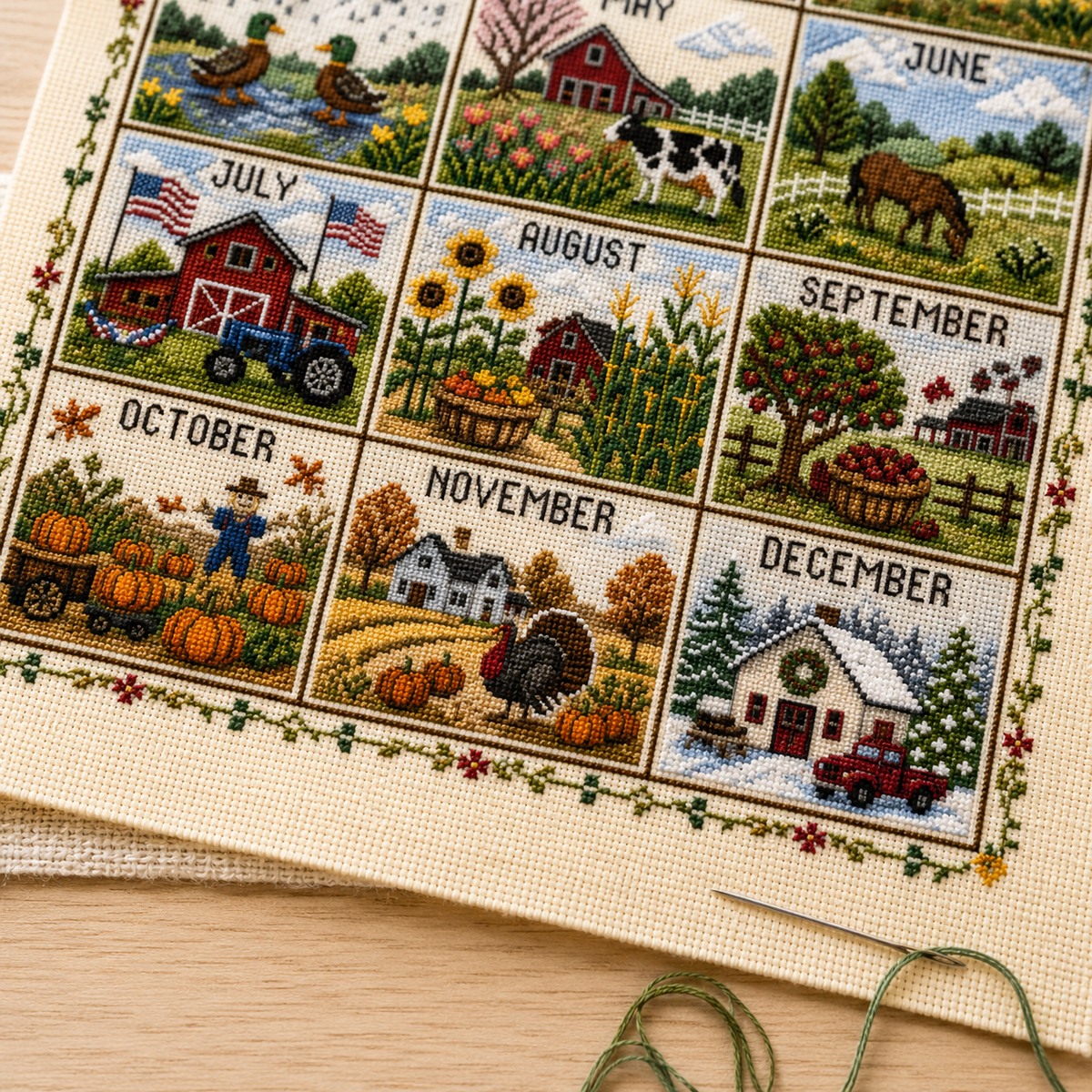 Close-up of detailed seasonal cross stitch scenes