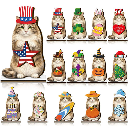 🐱 Interchangeable Seasonal Cat Wooden Decor – Holiday Desk & Home Decoration