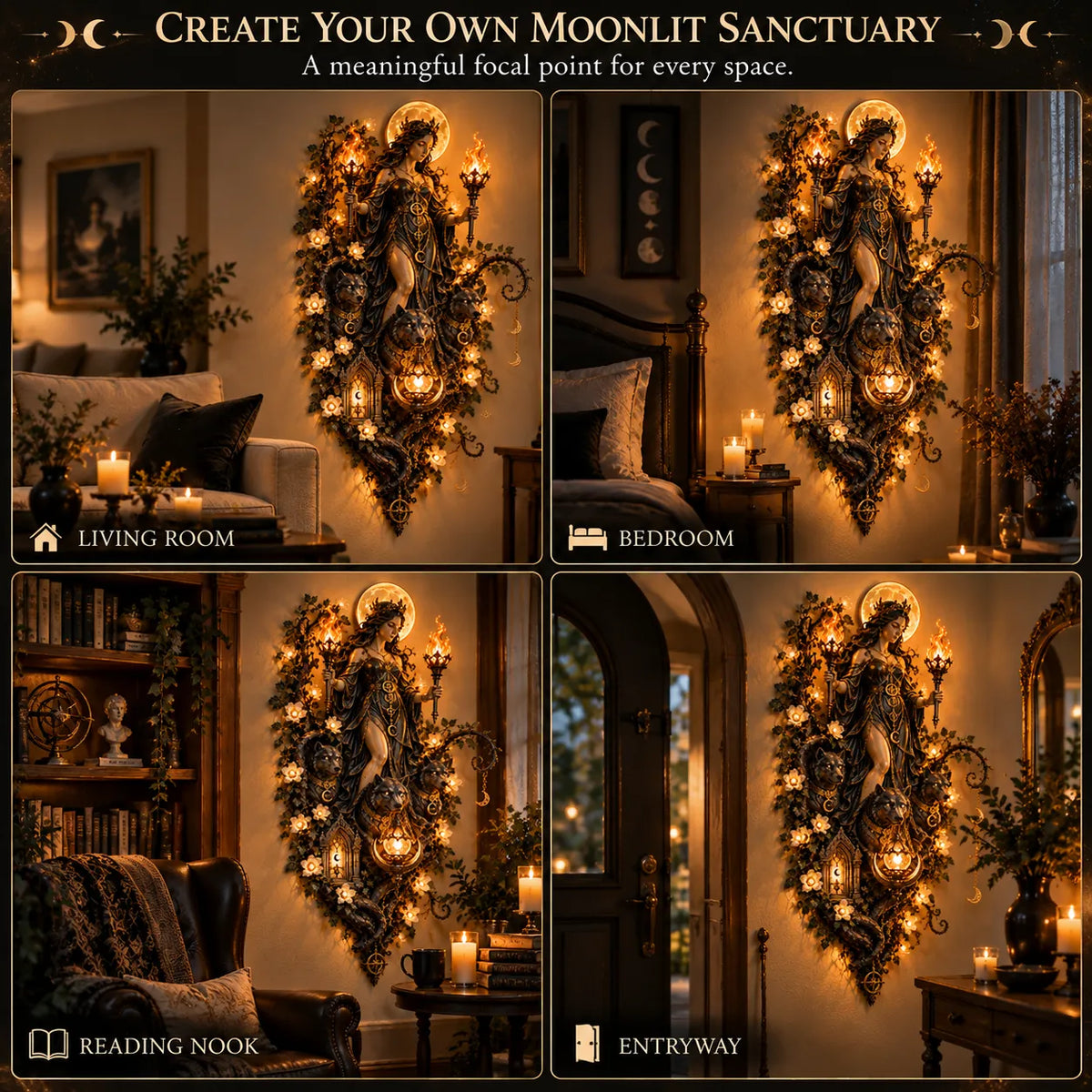 🌕🔥 Hecate’s Guiding Light Wall Décor | Moon Goddess 3D Wall Art with Twin Torches & Guardian Hounds
